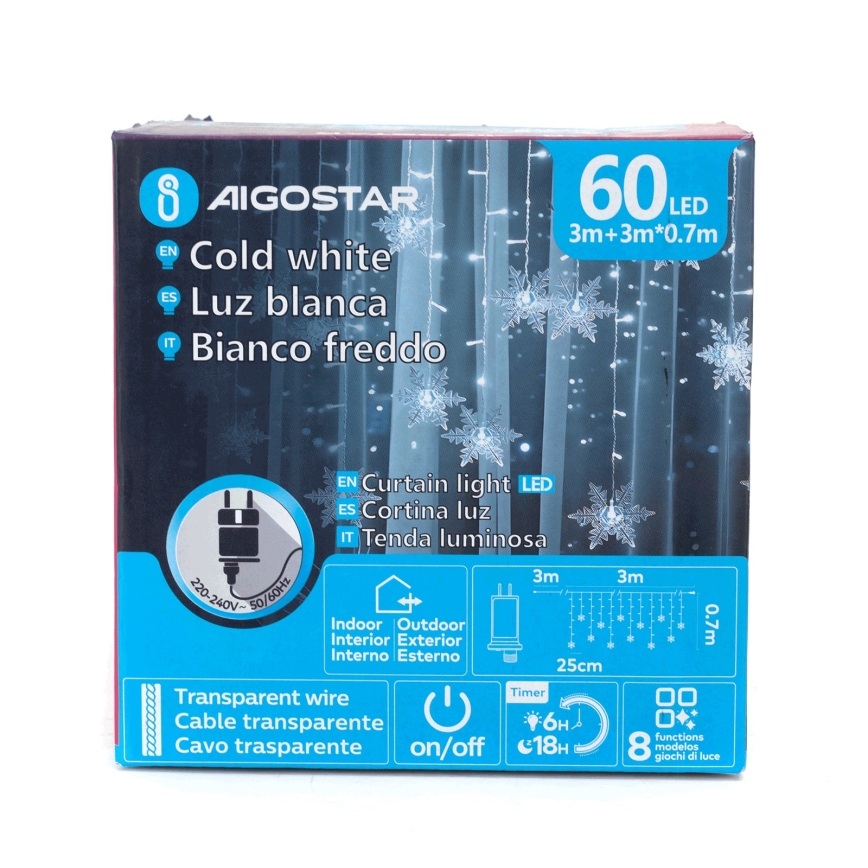 Aigostar - Guirnalda LED exterior 120 LEDs/8 funciones 3x0,7m IP44 blanco frío + mando a distancia