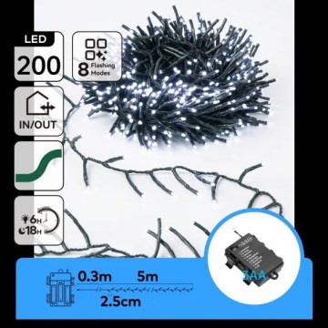Aigostar - Guirnalda LED navideña para exterior 200xLED/8 funciones 3xAA 5,3 m IP44 blanco frío