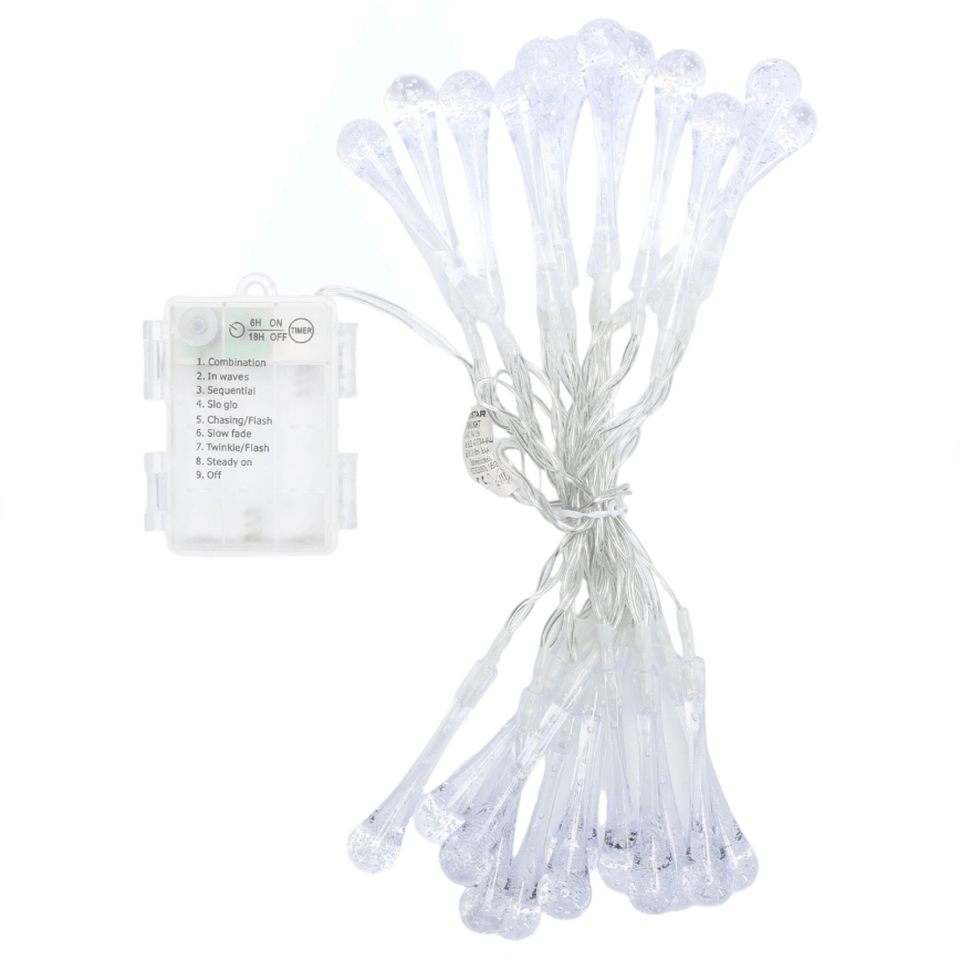 Aigostar - Cadena de luces LED para exterior 25xLED/8 funciones 3xAA 2,5 m IP44 blanco cálido gotas