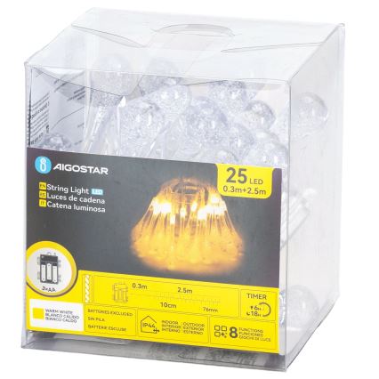 Aigostar - Cadena de luces LED para exterior 25xLED/8 funciones 3xAA 2,5 m IP44 blanco cálido gotas