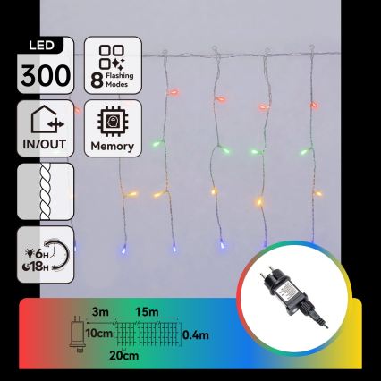 Aigostar - Guirnalda LED navideña para exterior 300xLED/8 funciones 18x0,4m IP44 multicolor