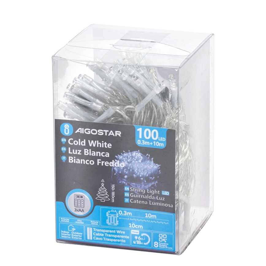 Aigostar - Guirnalda LED para exterior 100xLED/8 funciones/3xAA 10,3 m IP44 blanco frío