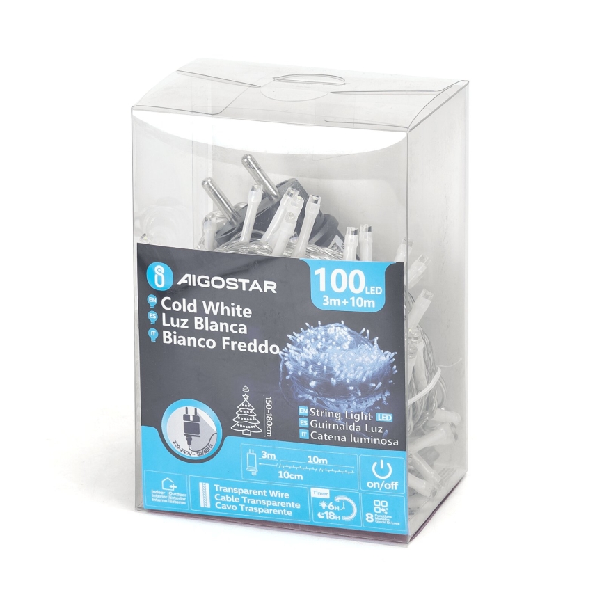 Aigostar - Guirnalda LED para exterior 100 LEDs/8 funciones 13 m IP44 blanco frío