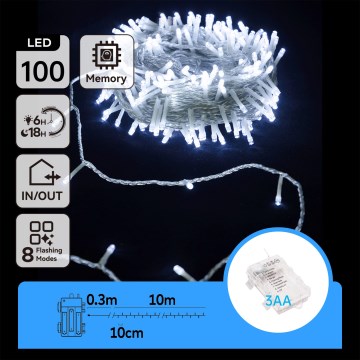 Aigostar - Guirnalda LED para exterior 100xLED/8 funciones/3xAA 10,3 m IP44 blanco frío