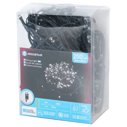 Aigostar - Cadena de luces LED para exterior, 200 LEDs, 8 funciones, 20 m, IP44, blanco frío