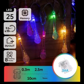 Aigostar - Guirnalda LED para exterior 25 LEDs/8 funciones 3xAA 2,5m IP44 gotas multicolores