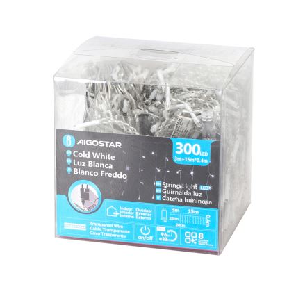 Aigostar - Cadena LED para exterior 300xLED/8 funciones 15x0,4 m IP44 blanco frío