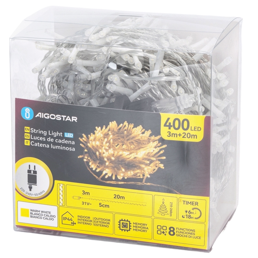 Aigostar - Guirnalda LED exterior 400 LEDs / 8 modos, 20 m, IP44, blanco cálido