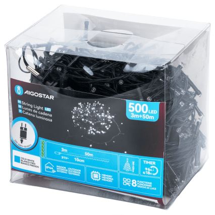 Aigostar - Guirnalda LED para exterior, 500 LED, 8 modos, 53 m, IP44, blanco frío
