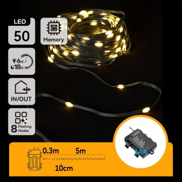 Aigostar - Guirnalda LED para exterior 50xLED/8 funciones 3xAA 5,3 m IP44 blanco cálido