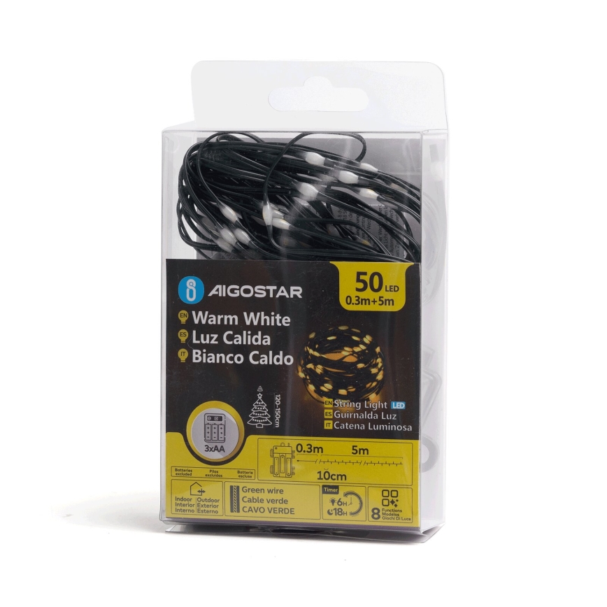 Aigostar - Guirnalda LED para exterior 50xLED/8 funciones 3xAA 5,3 m IP44 blanco cálido