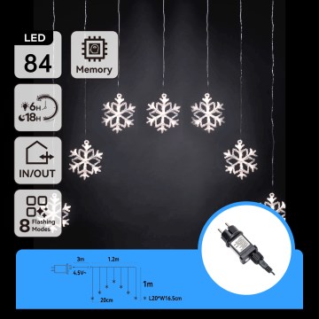 Aigostar - Guirnalda LED para exterior 84 LEDs/8 funciones 1,2 x 1 m IP44 blanco frío con copos de nieve