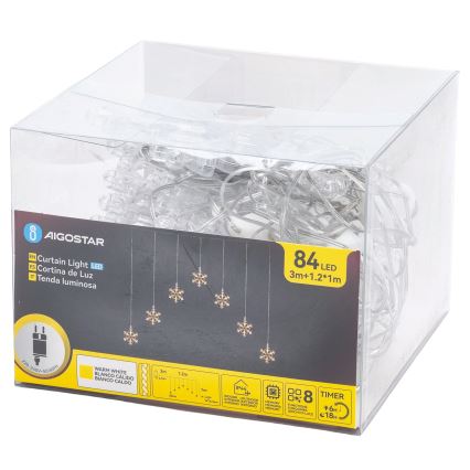 Aigostar - Guirnalda LED para exterior 84xLED/8 funciones 1,2x1m IP44 blanco cálido copos de nieve