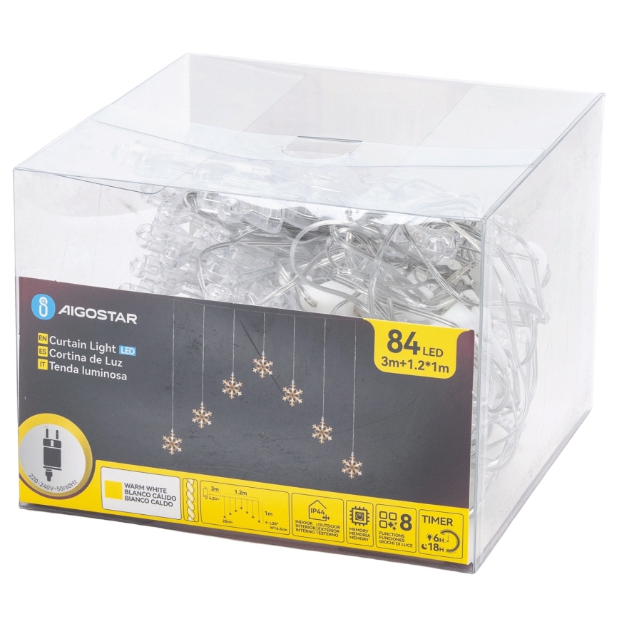 Aigostar - Guirnalda LED para exterior 84xLED/8 funciones 1,2x1m IP44 blanco cálido copos de nieve