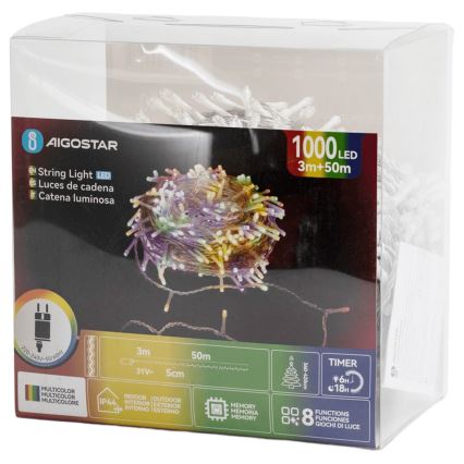 Aigostar - Guirnalda LED para exteriores 1000 LEDs / 8 funciones, 53 m, IP44, multicolor