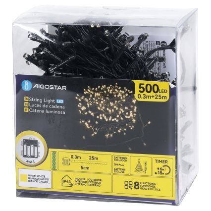 Aigostar - Guirnalda LED para exterior 500xLED/8 funciones 4xAA 25,3 m IP44 blanco cálido