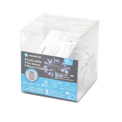 Aigostar - Guirnalda LED para exteriores 50xLED/8 funciones 3xAA 5 m IP44 blanco frío