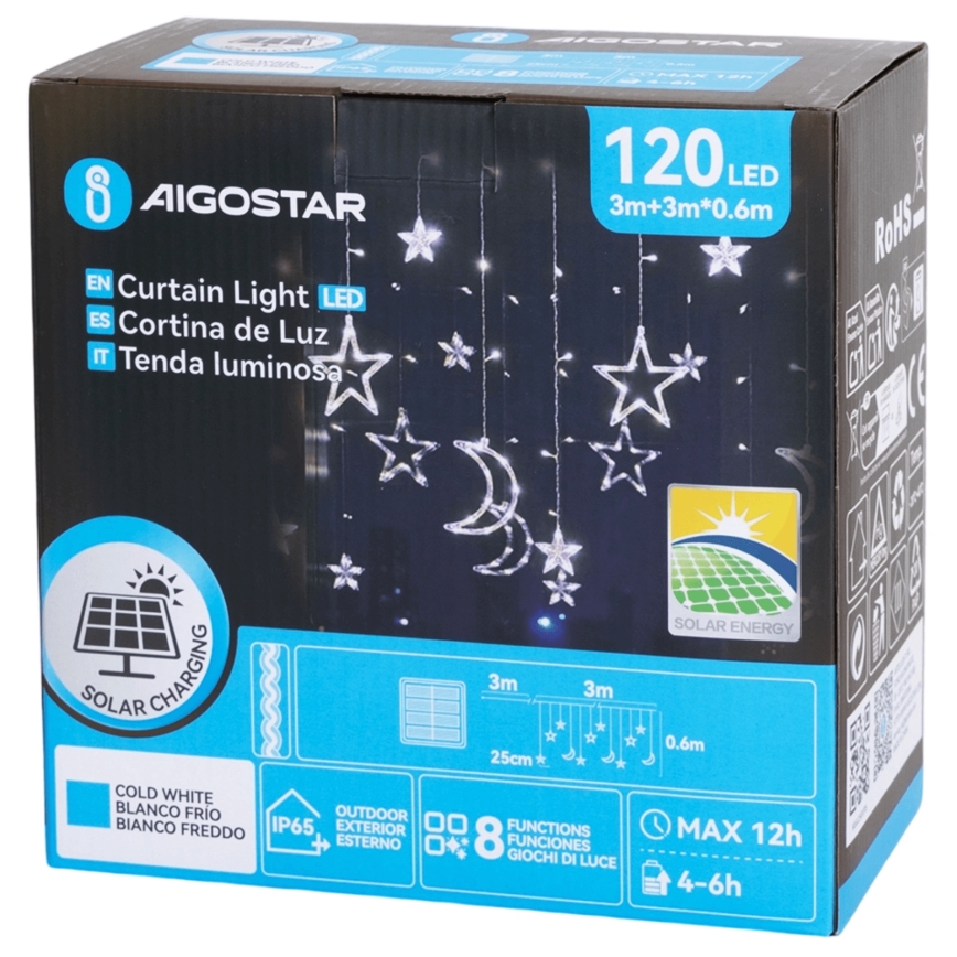 Aigostar - Guirnalda solar LED 120xLED/8 funciones 3x0,6m 500 mAh IP65 blanco frío
