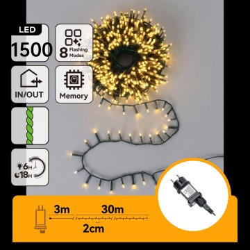 Aigostar - Guirnalda navideña LED 1500 LEDs/8 funciones 33 m IP44 blanco cálido