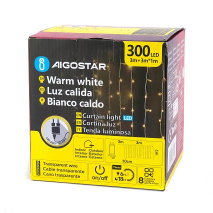 Aigostar - Guirnalda LED para exterior 300 LED / 8 funciones / 3 x 1 m IP44 blanco cálido + control remoto