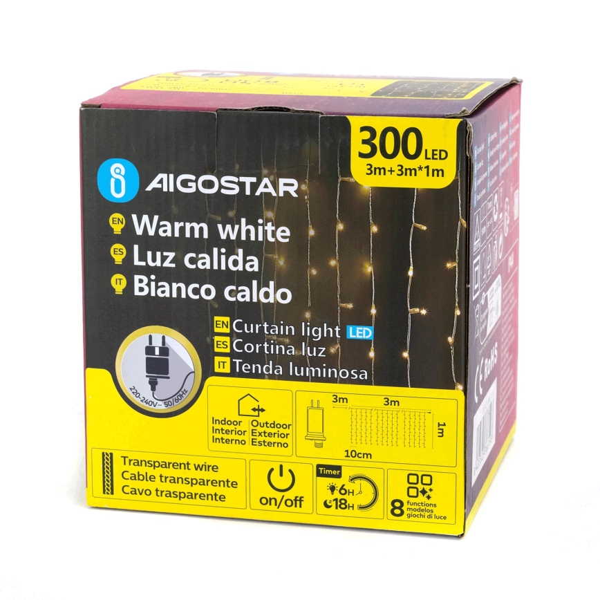 Aigostar - Guirnalda LED para exterior 300 LED / 8 funciones / 3 x 1 m IP44 blanco cálido + control remoto
