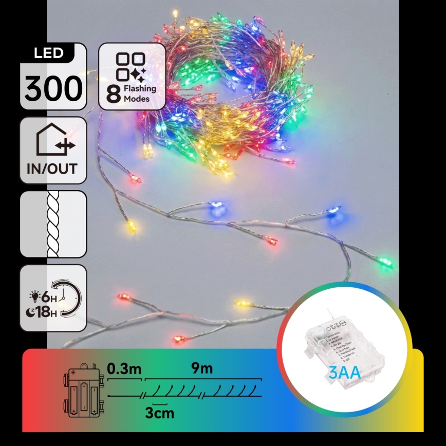 Aigostar - Guirnalda navideña LED de exterior 300xLED/8 funciones 3xAA 9,3 m IP44 multicolor