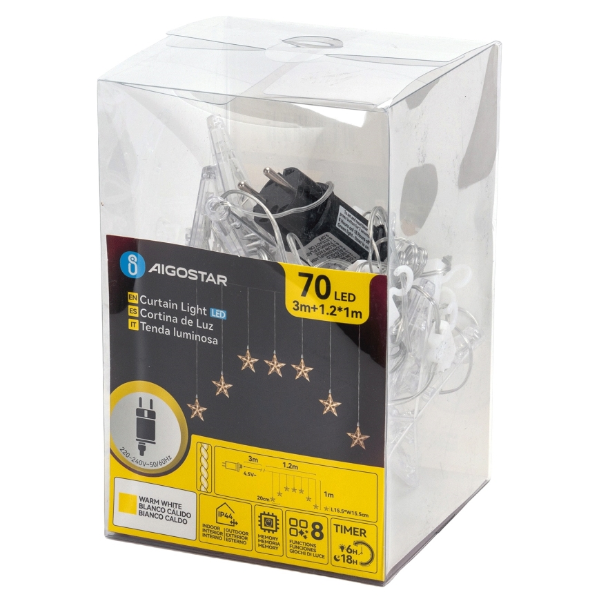 Aigostar - Guirnalda navideña LED para exterior 70 LEDs 1,2x1m IP44 blanco cálido estrellas