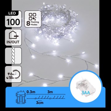 Aigostar - Guirnalda navideña LED para exterior 100xLED/8 funciones 3xAA 3,3m IP44 blanco frío