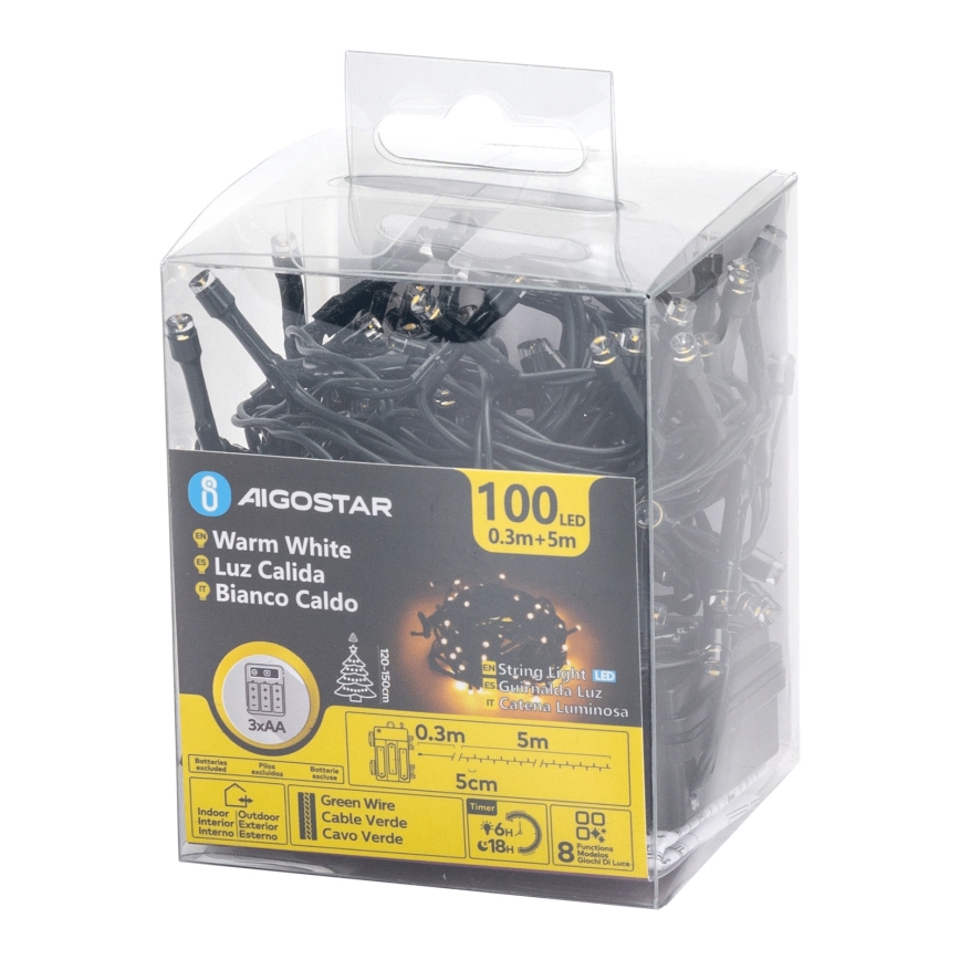 Aigostar - Guirnalda navideña LED para exterior 100xLED/8 funciones 3xAA 5,3 m IP44 blanco cálido