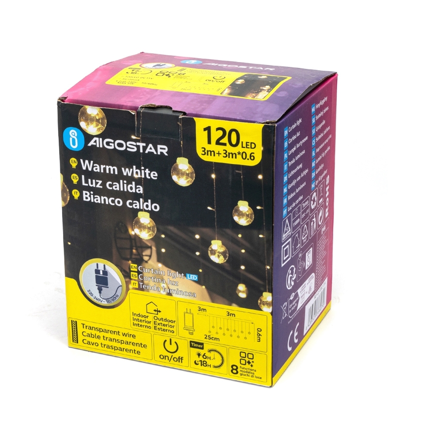Aigostar - Guirnalda navideña LED para exterior 120xLED/8 funciones 3x0,6m IP44 blanco cálido + mando a distancia
