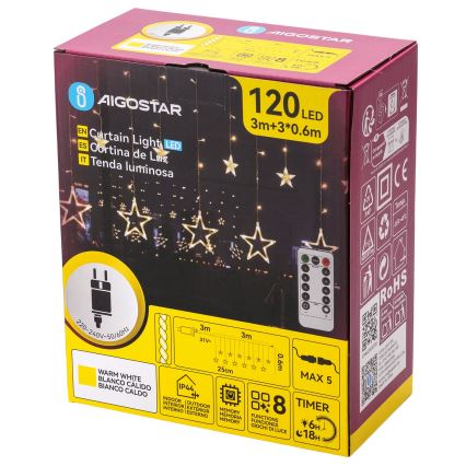 Aigostar - Cadena de luces LED para exterior 120 LEDs/8 funciones 3x0,6 m IP44 blanco cálido + mando a distancia