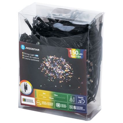 Aigostar - Guirnalda navideña LED para exterior 150 LEDs/8 funciones, 18 m, IP44, multicolor