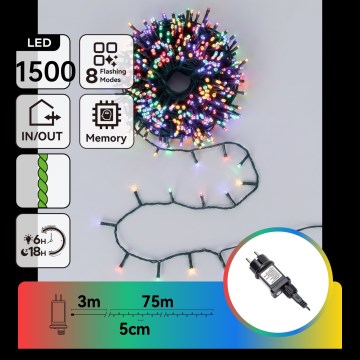 Aigostar - Guirnalda navideña LED para exterior 1500 LEDs/8 funciones 78 m IP44 multicolor