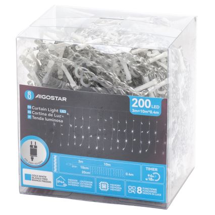 Aigostar - Cadena de luces navideñas LED para exterior 200xLED/3,6W/230V/8 funciones 10x0,4m IP44 blanco frío