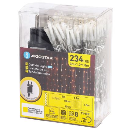 Aigostar - Guirnalda navideña LED para exterior 234 LEDs/8 funciones 1,2x1,8 m IP44 blanco cálido