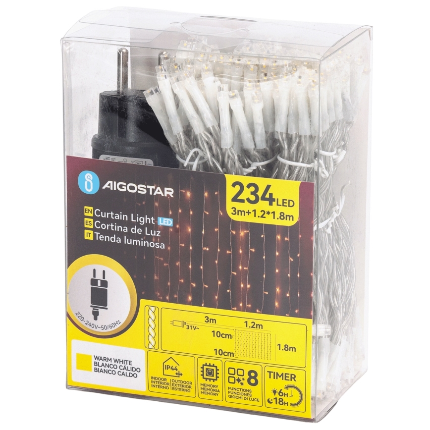 Aigostar - Guirnalda navideña LED para exterior 234 LEDs/8 funciones 1,2x1,8 m IP44 blanco cálido