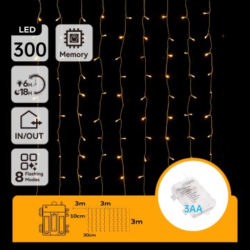 Aigostar - Guirnalda navideña LED para exterior 300 LEDs / 8 funciones, 3xAA, 6x3 m, IP44, blanco cálido