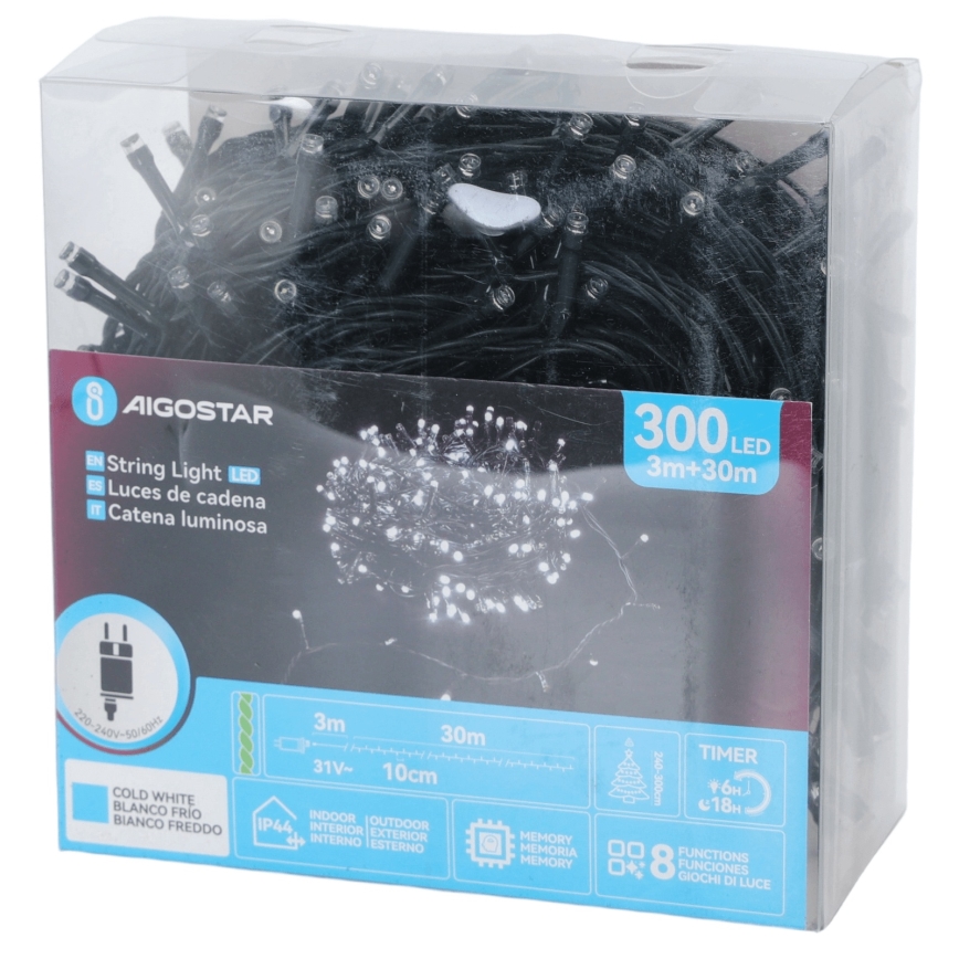 Aigostar - Guirnalda navideña LED para exterior 300 LEDs/8 funciones 30 m IP44 blanco frío
