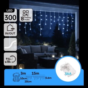 Aigostar - Guirnalda navideña LED para exterior 300xLED/8 funciones 3xAA 18x0,6 m IP44 blanco frío