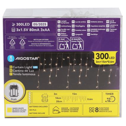 Aigostar - Guirnalda navideña LED para exterior 300 LEDs/8 funciones 3x AA 18x0,6 m IP44 blanco cálido
