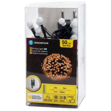 Aigostar - Guirnalda navideña LED para exterior, 50 LEDs, 8 funciones, 8 m, IP44, blanco cálido