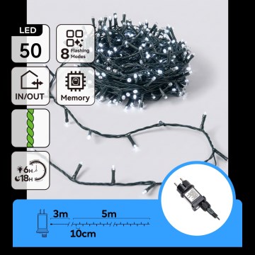 Aigostar - Guirnalda navideña LED para exterior, 50 LEDs / 8 funciones, 8 m, IP44, blanco frío