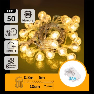 Aigostar - Guirnalda navideña LED para exterior 50xLED/3xAA/8 funciones 5,3 m IP44 blanco cálido