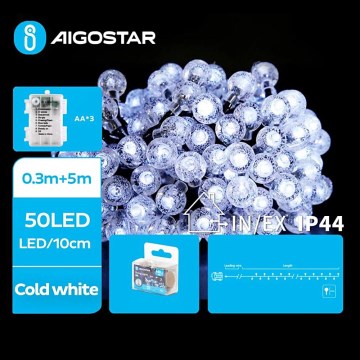 Aigostar - Guirnalda navideña LED para exterior 50xLED/3xAA/8 funciones 5,3 m IP44 blanco frío