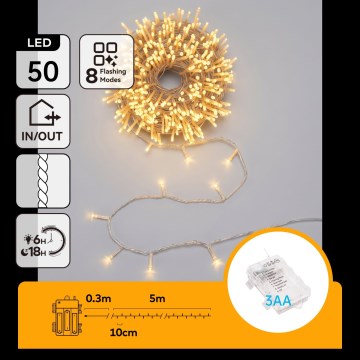 Aigostar - Guirnalda navideña LED para exteriores 50xLED/8 funciones 3xAA 5,3m IP44 blanco cálido
