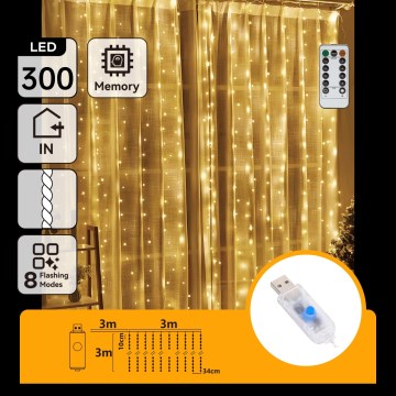 Aigostar - Guirnalda navideña LED regulable 300xLED/8 funciones USB 6x3m blanco cálido + mando a distancia