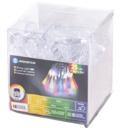 Aigostar - LED Guirnalda de Navidad para exterior 25xLED/8 funciones 3xAA 2,5m IP44 gotas multicolor