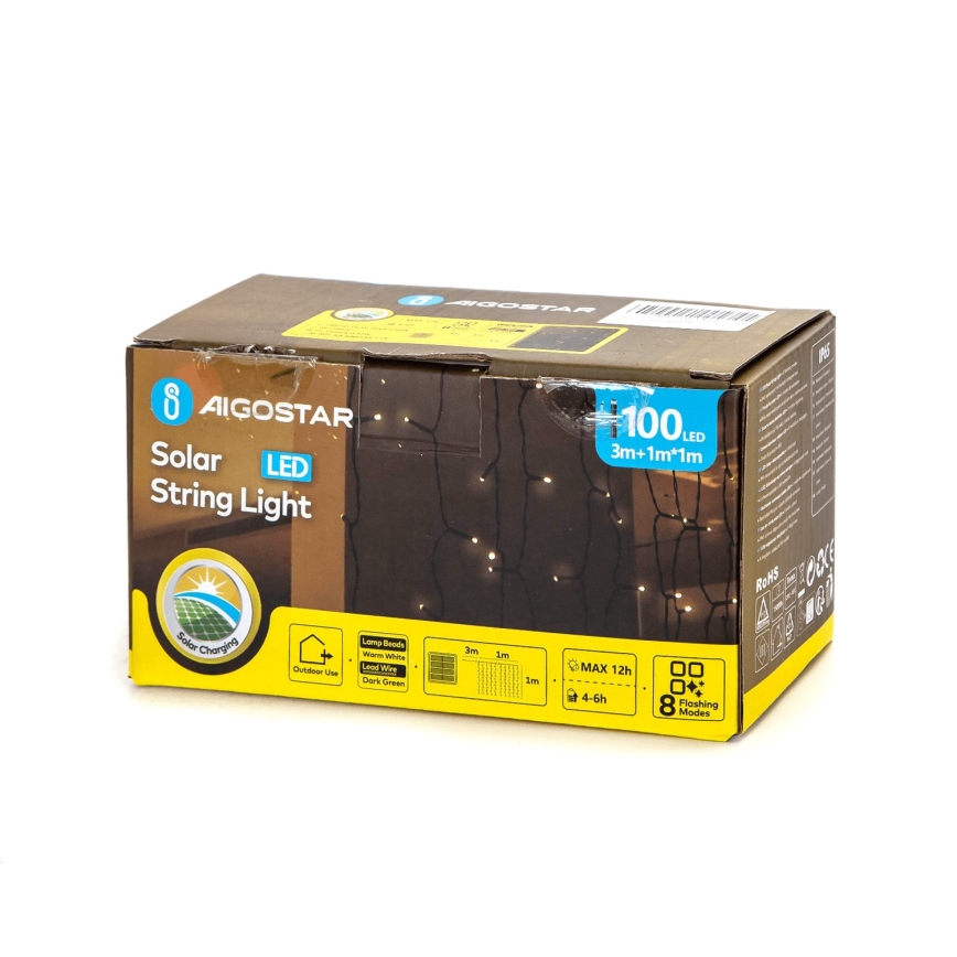 Aigostar - Cadena de luces navideñas solar LED 100xLED/8 funciones 4x1m IP65 blanco cálido 800 mAh