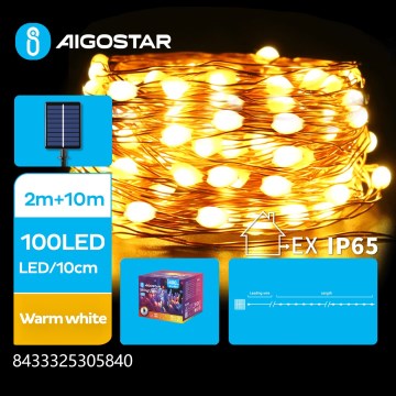 Aigostar - Guirnalda navideña solar LED 100xLED/8 funciones 12m 800 mAh IP65 blanco cálido