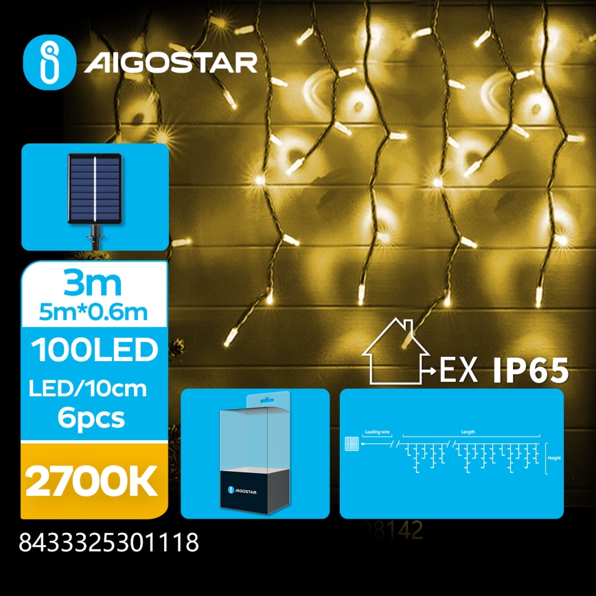Aigostar - Guirnalda navideña solar LED 100 LED/8 funciones 8 x 0,6 m 800 mAh IP65 blanco cálido